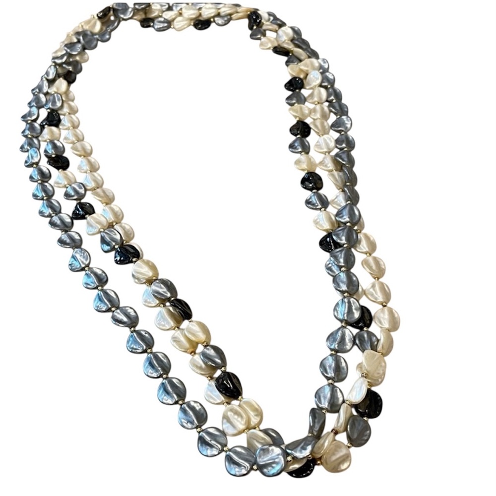 Long 3-Strand Faux Pearl Ivory, Grey, Multi Necklaces w/Tiny Gold Beads